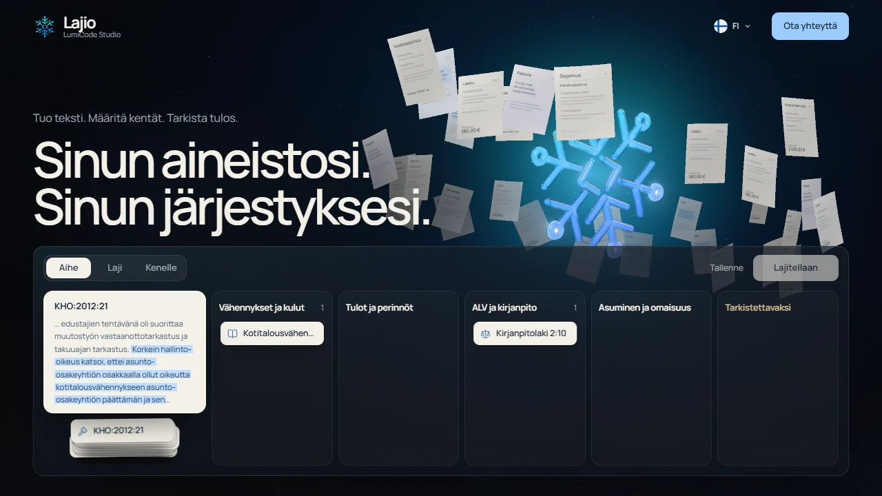 Lajion etusivu: oikeuslähteet lajitellaan omiin sarakkeisiinsa aiheen mukaan